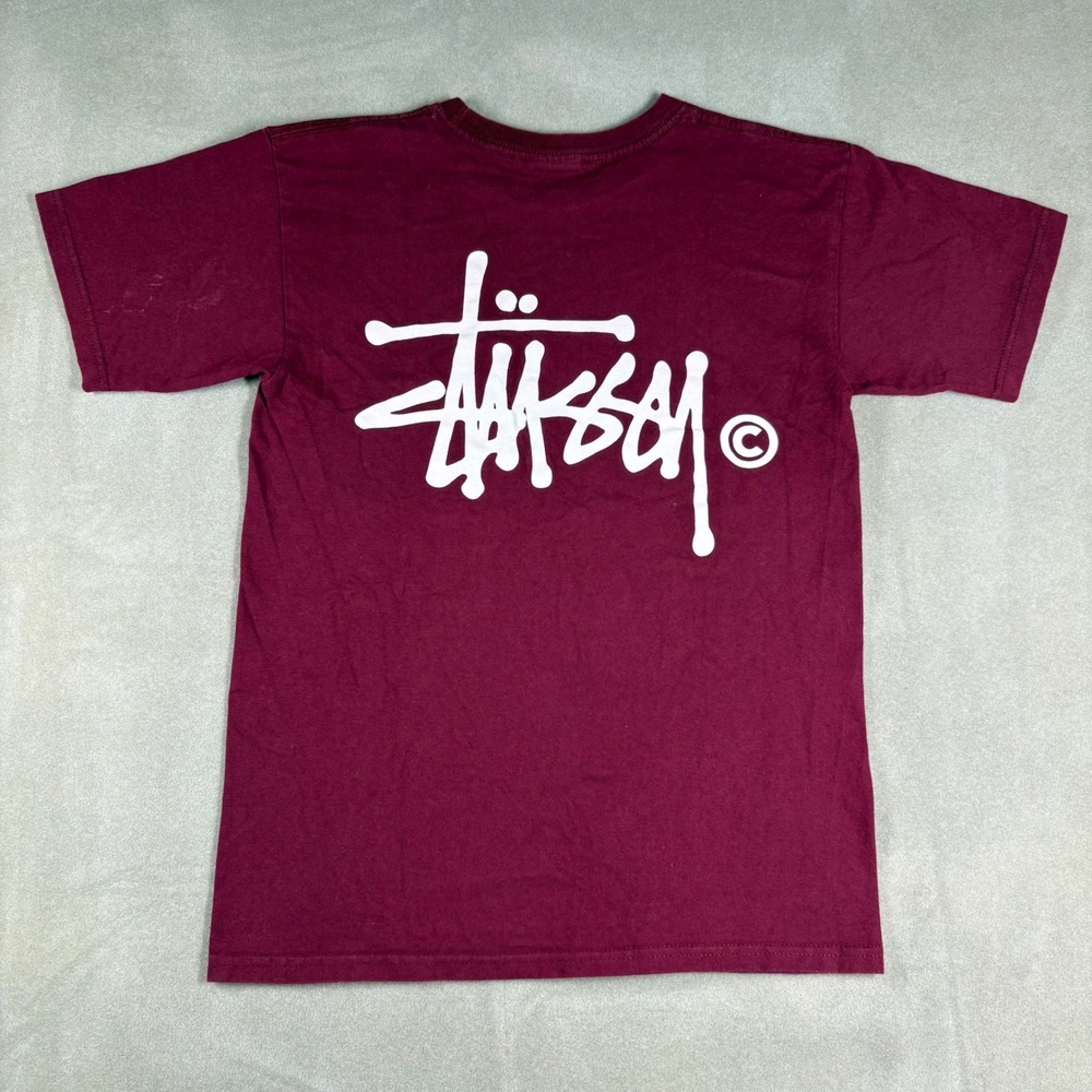 Stussy Mens Small Burgundy Maroon Big Logo Script Graphic T-Shirt Short Sleeve